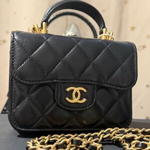 CHANEL Mini Black Quilted Bag with Gold Chain